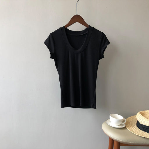 Color-Black-Solid Color T shirt for Women Summer Simplicity U Collar Slimming Stretch T shirt Top for Women-Fancey Boutique