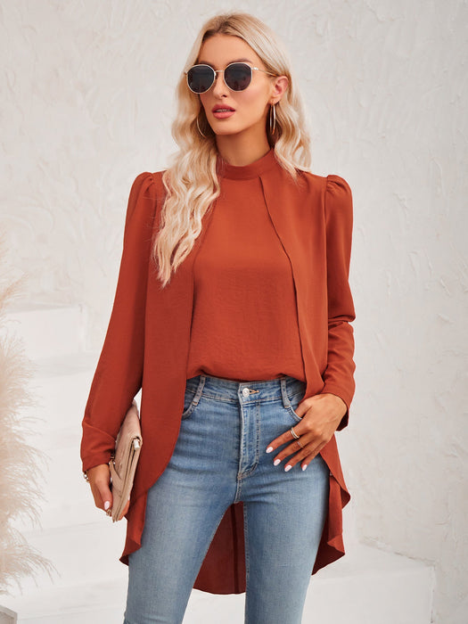 Color-Red-Fall Winter Women Clothing Casual Solid Color Half Collar Long Sleeve False Two Piece Shirt Women-Fancey Boutique