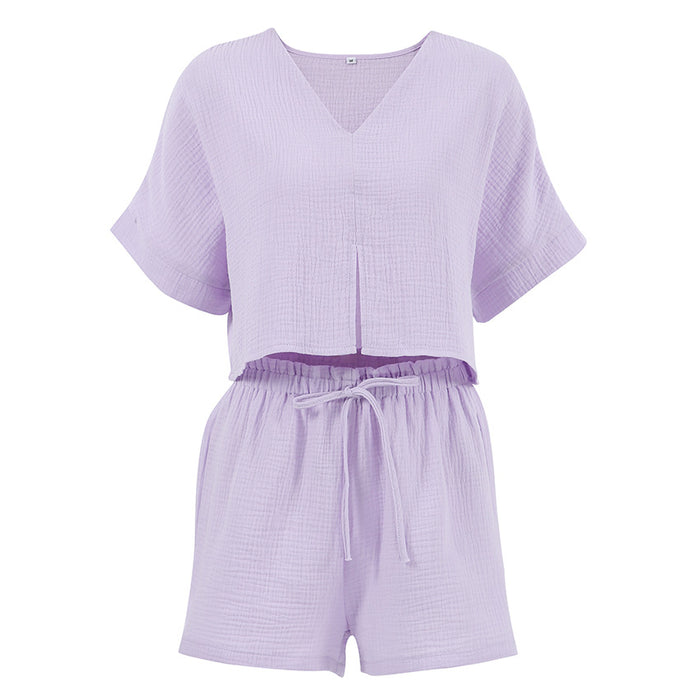 Color-Pure Cotton Purple V Collar Batwing Sleeve Short Sleeve Pants Pajamas Set Summer Ladies Homewear-Fancey Boutique