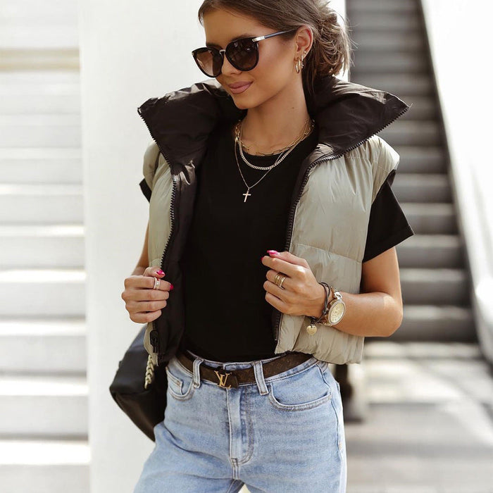 Color-Women Vest Winter Double-Sided Cotton-Padded Jacket Stand Collar Zipper Sleeveless Short Shipment Coat-Fancey Boutique