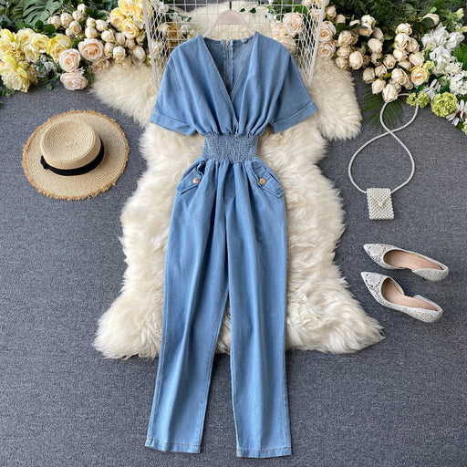 Color-Blue-Jeans Women Elastic Waist Tightening Slimming Fashionable Batwing Sleeve Jumpsuit Women Summer-Fancey Boutique
