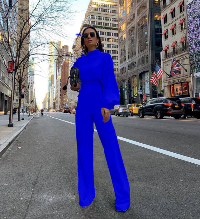 Color-Half Turtleneck Lantern Sleeve Simple Capable Office Lady Jumpsuit-Fancey Boutique