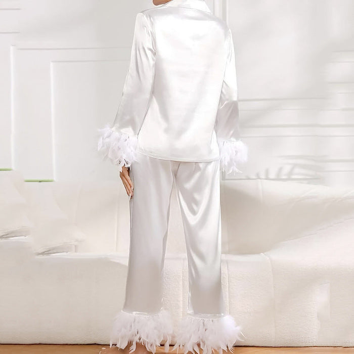 Color-Summer Thin Satin Ice Silk Pajamas Suit for Women Solid Color Feather Can Be Outerwear Homewear-Fancey Boutique