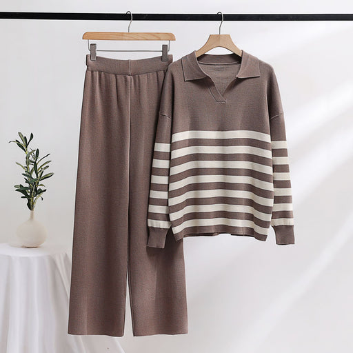Color-Knitting Suit Polo Collar Striped Sweater Loose Casual Two Piece Set Women Clothing-Fancey Boutique