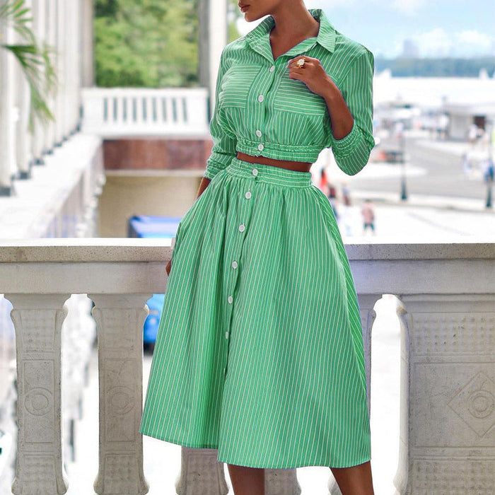 Color-Green-Autumn Winter New Stylish Long Sleeves Striped Shirt Outfit Skirt Two Piece Set-Fancey Boutique