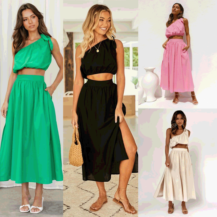 Spring Summer Solid Color Office Shoulder Lace up Two Piece Dress