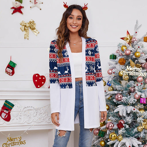 Color-Blue-Autumn Winter Loose Color Matching Christmas Printing Casual Cardigan Coat-Fancey Boutique