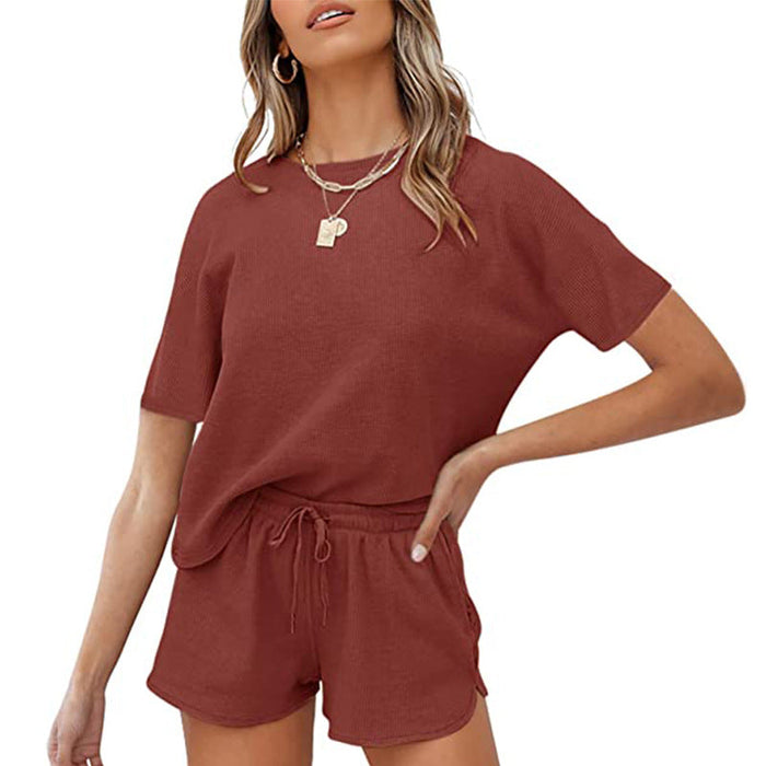 Color-Red-Rib Short-Sleeved Home Wear Solid Color Casual Two-Piece Pajamas Suit-Fancey Boutique