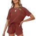 Color-Red-Rib Short-Sleeved Home Wear Solid Color Casual Two-Piece Pajamas Suit-Fancey Boutique