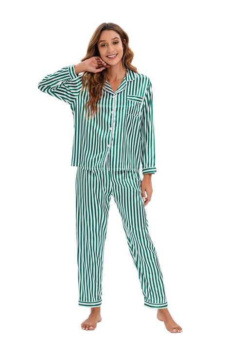 Color-Green Stripes-Satin Long Sleeved Trousers Home Wear Cardigan Suit Pajamas Women-Fancey Boutique