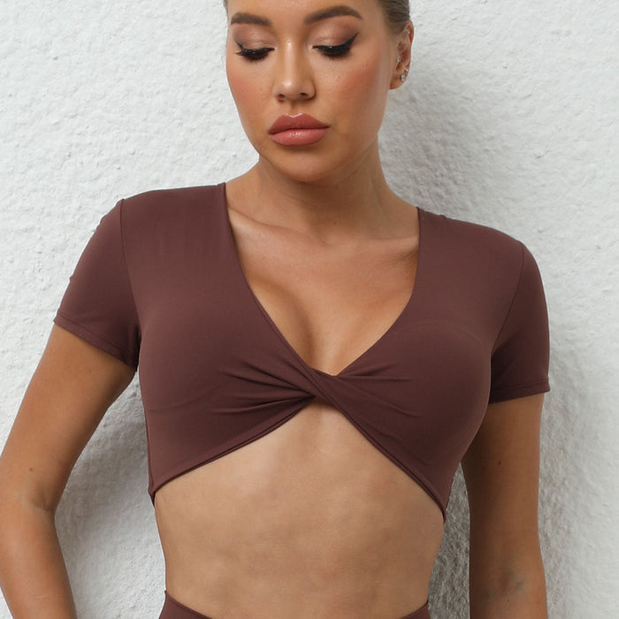Color-Brown-Yoga Short Sleeve Skinny V Neck Sports Short Sleeve T Shirt Top High Intensity Shockproof Quick Drying Running Fitness Clothes-Fancey Boutique