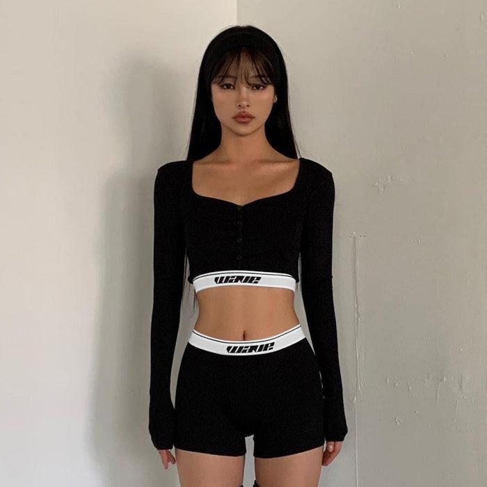 Color-Women Clothing Sexy Tight Long Sleeves Cropped shirt Top High Waist Shorts Sports Two Piece Seit-Fancey Boutique