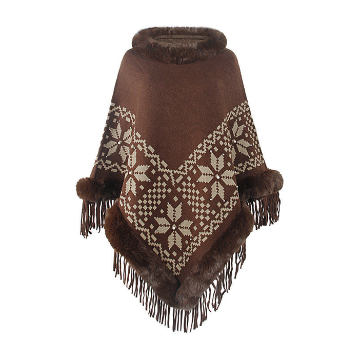 Color-Brown-Autumn Winter Cape Shawl Fur Collar Beaded Tassel Hem Sweater Women-Fancey Boutique