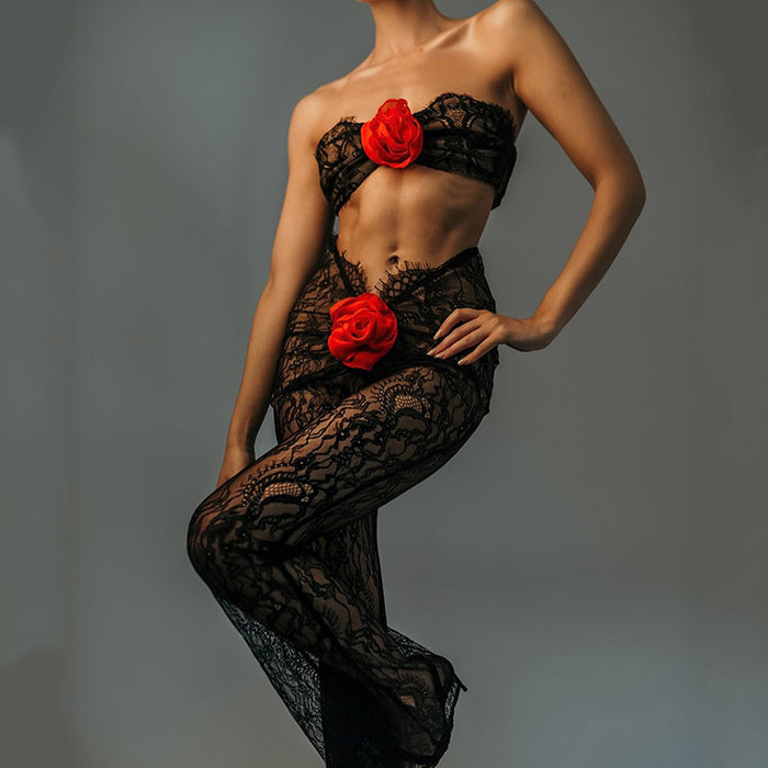 Color-Autumn Lace See through Sexy Temptation Tube Top Jumpsuit Women Sexy Tight Floral Trousers-Fancey Boutique