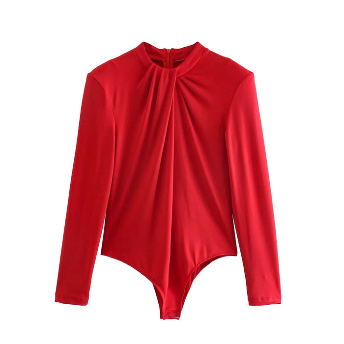 Color-Red-Bow Tie Bodysuit Women Slim Bottoming Pleated Solid Color round Neck One-Piece T-shirt-Fancey Boutique