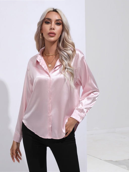 Color-Pink-Satin Shirt Women Satin Artificial Silk Long Sleeve Shirt Spring Summer Women Clothing-Fancey Boutique