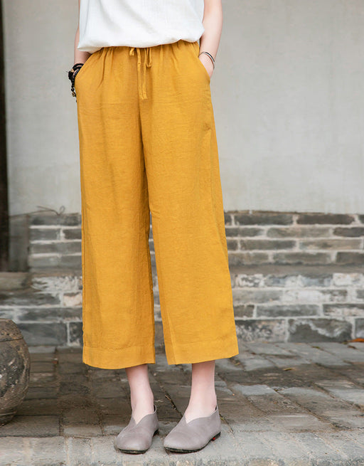 Color-Spring Summer Cotton Linen Women Artistic Washed Lace up Linen Casual Straight Through Cropped Pants Women Cotton Linen Wide Leg Pants-Fancey Boutique