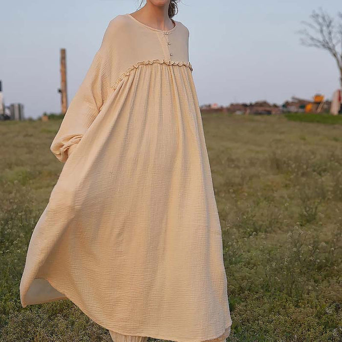 Color-Double Layer Gauze Dress Korean Women Dressing Gown Loose Casual Wooden Ear Stitching Niche Nightdress-Fancey Boutique