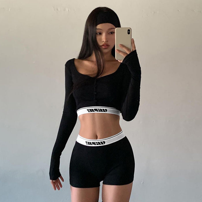 Color-Women Clothing Sexy Tight Long Sleeves Cropped shirt Top High Waist Shorts Sports Two Piece Seit-Fancey Boutique