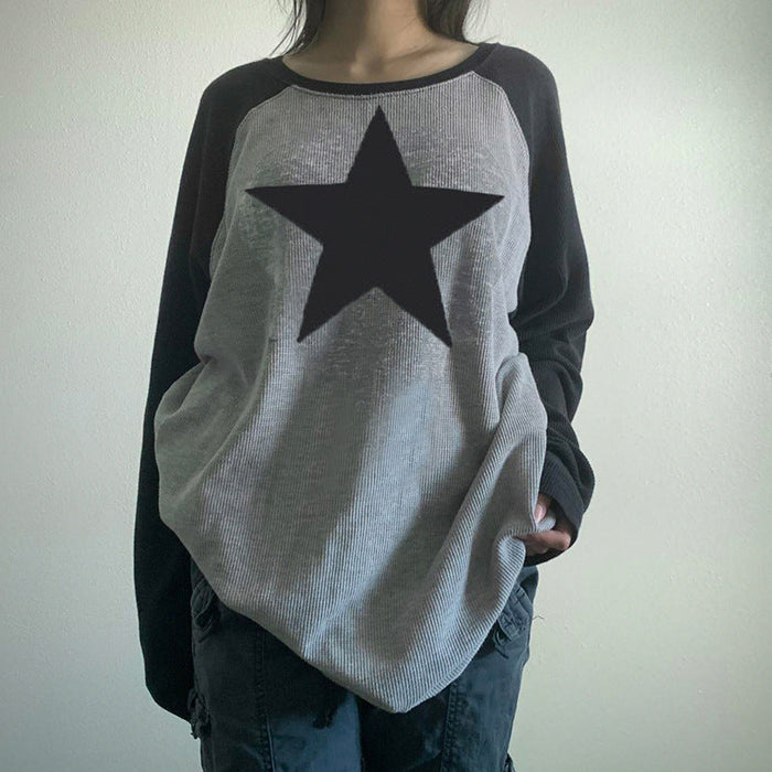 Color-Five Pointed Star Retro Raglan Color Contrast Long Sleeve T Shirt Women Old Neutral Lazy Casual Loose Pullover Top-Fancey Boutique