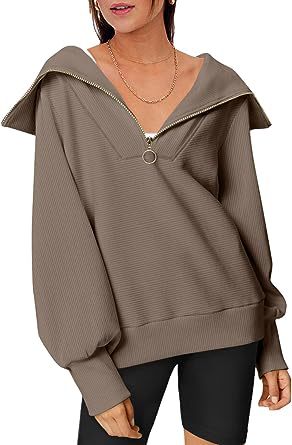 Color-Coffee-Women Clothing Autumn Winter Oversized Half Zipper Pullover Sweater Hoodie Top-Fancey Boutique