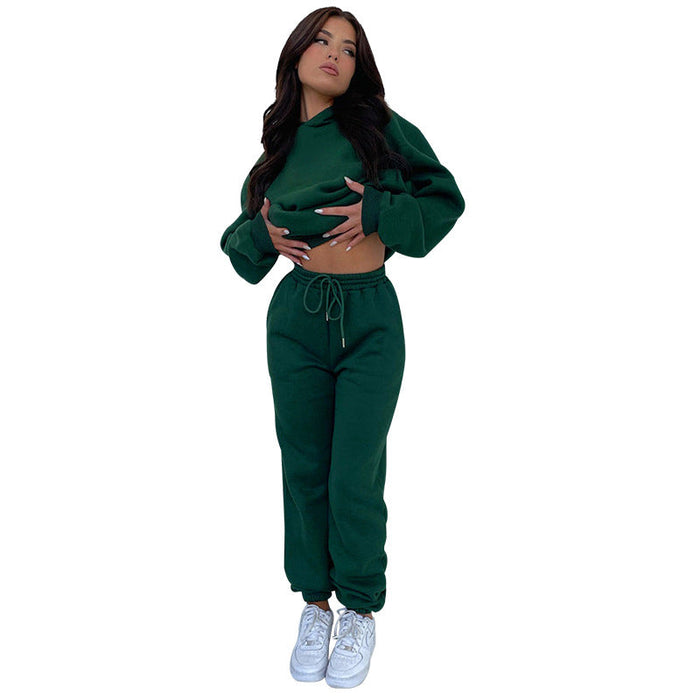 Color-Blackish Green-Autumn Winter Solid Color Long Sleeve Hooded Fleece Lined Sweater Women Casual Trousers sets-Fancey Boutique