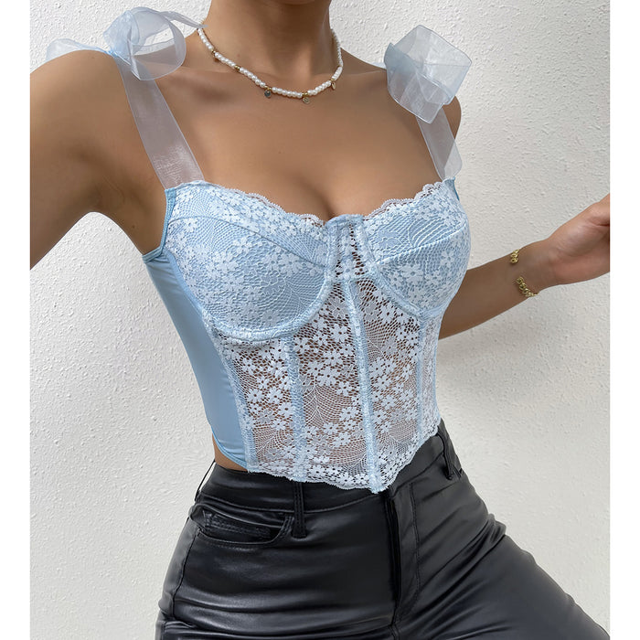 Color-Lace Floral Strap Mesh Hollow Out Cutout Diamond Boning Corset Vest Women Clothing-Fancey Boutique