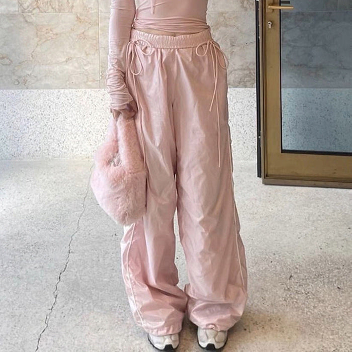 Color-Pink Gentle Younger Thin Lace up Women Pants Set Elastic Waist Loose Figure Flattering Straight Leg Pants-Fancey Boutique