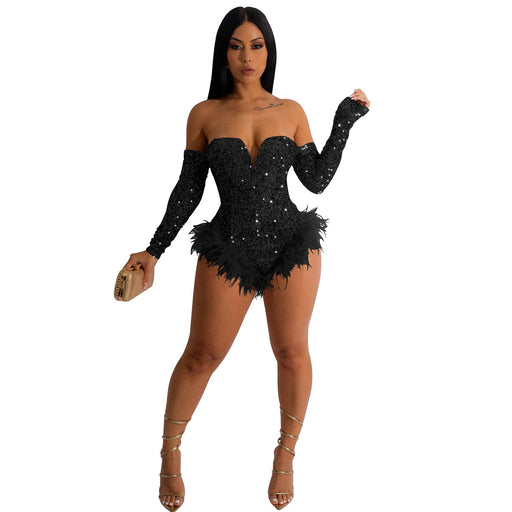 Color-Black-Women Wear Solid Color Sequin Long Sleeve Shorts Jumpsuit Women-Fancey Boutique