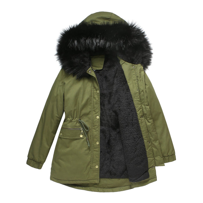 Color-Army Green-Autumn Winter Parka Women Fleece Lined Coat Women with Fur Collar Hooded Warm Jacket Loose Cotton Coat Plus Size-Fancey Boutique