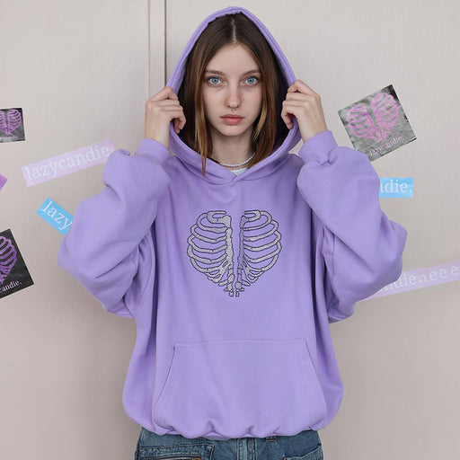 Color-Trendy Skeleton Rhinestone Loose Hooded Sweater Top Women Autumn Winter-Fancey Boutique