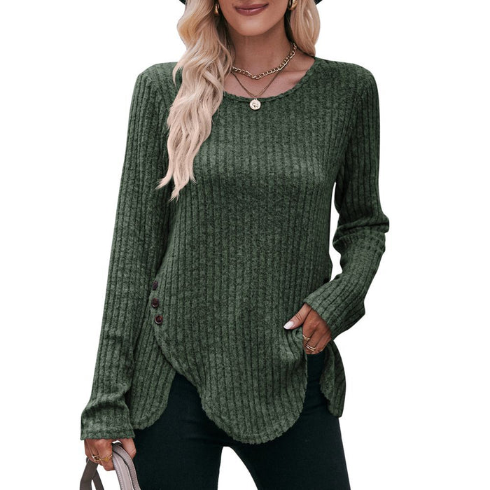 Color-Army Green-Women round-Neck Sunken Stripe Brushed Solid Color Top Long Sleeve Button T-shirt-Fancey Boutique