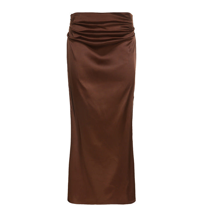 Color-Brown-Elegant Women Satin Dress Young Sexy High Split Solid Color Low Waist Skirt Early Autumn-Fancey Boutique