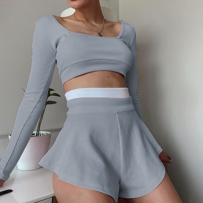 Color-Gray-Sports Women Clothing Contrast Color Fit Top Sexy Culottes Suit-Fancey Boutique