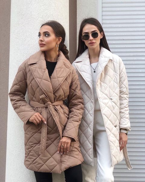 Color-Rhombus Cotton Padded Mid-Length Collared Autumn Winter Street Women Coat Waist-Controlled Pocket Cotton Padded Coat for Women-Fancey Boutique