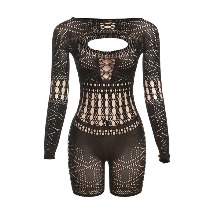 Color-Black-Summer Women Clothing Sexy Cutout Lace See through High Waist Tight Knitted Short Romper Women-Fancey Boutique