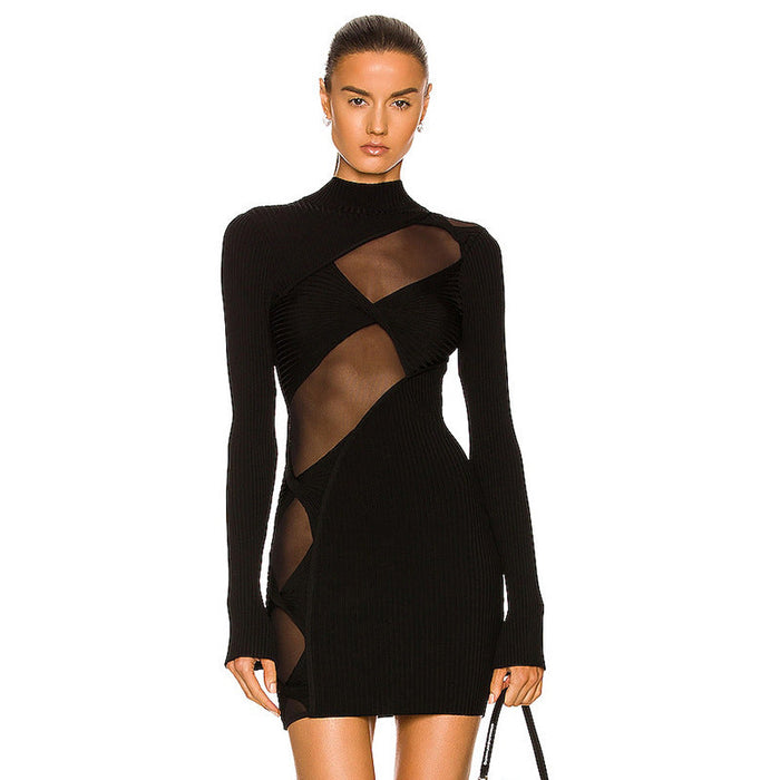 Color-Summer Women Clothing Black Long Sleeve Geometric Abstract Hollow-out Semi-Transparent Mesh Sexy Bandage One-Piece Dress-Fancey Boutique