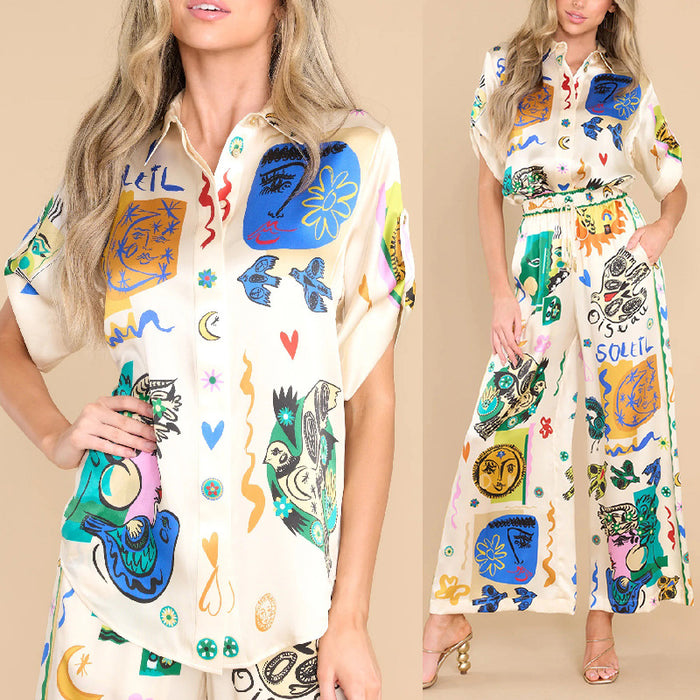 Color-Summer Graffiti Printing Satin Short Sleeve Collared Shirt Trousers Casual Two Piece Suit-Fancey Boutique