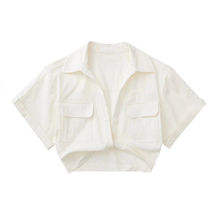 Color-White-Summer Women Clothing Street Short Sleeve Stretch Linen Blended Short Shirt-Fancey Boutique