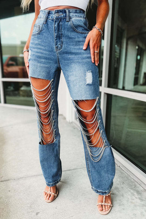 Color-Early Spring Big Ripped Jeans Women Chain Ornaments Straight Leg Pants-Fancey Boutique