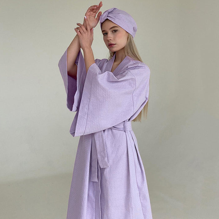 Color-Autumn Light Luxury Waffle Loose Long Robe Hotel Bathrobe French Purple Women Homewear-Fancey Boutique