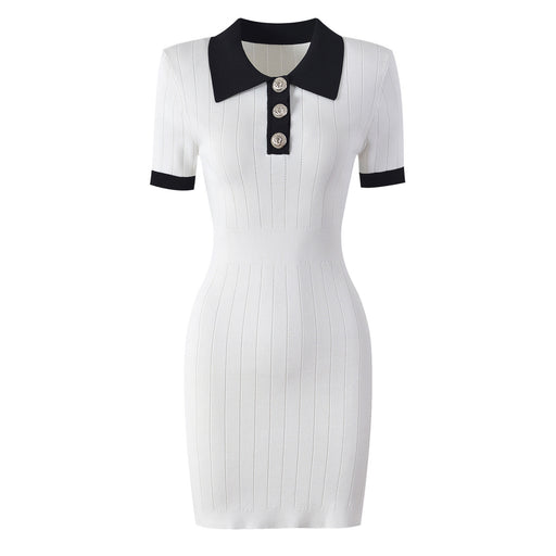 Color-High Quality Knitted Material Collared Slim Slimming Short Sleeve Dress-Fancey Boutique