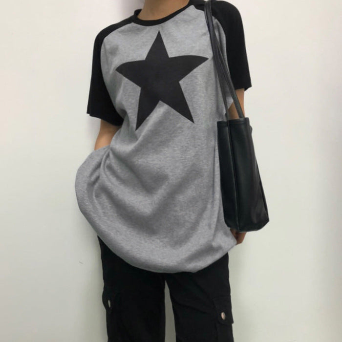 Color-Five Pointed Star Retro Raglan Color Contrast Long Sleeve T Shirt Women Old Neutral Lazy Casual Loose Pullover Top-Fancey Boutique