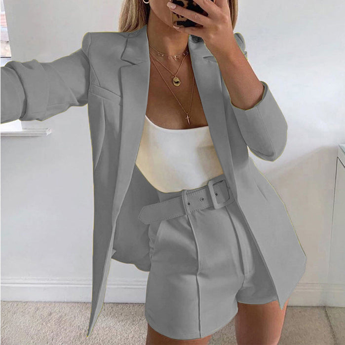 Color-Light Gray Suit-Top Shorts Suit with belt Sexy Women Casual Polo Collar Cardigan-Fancey Boutique