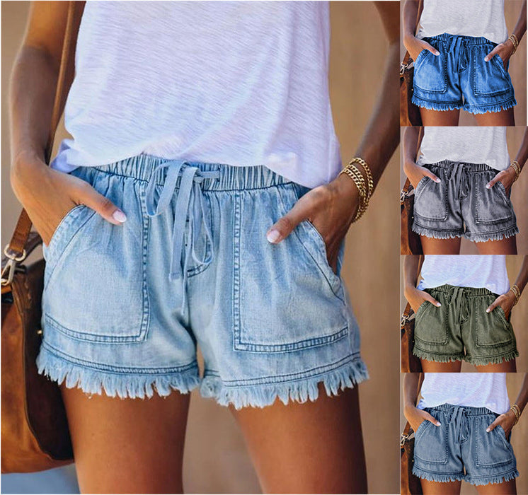 Color-Summer New Elastic Waist Drawstring Casual High Waist Slimming Denim Shorts for Women-Fancey Boutique