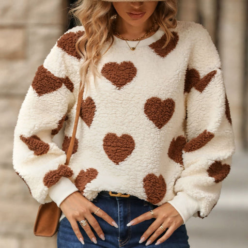 Color-Women Clothing Autumn Winter Plush Loving Heart Printed Loose Long Sleeves Crew Neck Pullover Sweatshirt-Fancey Boutique