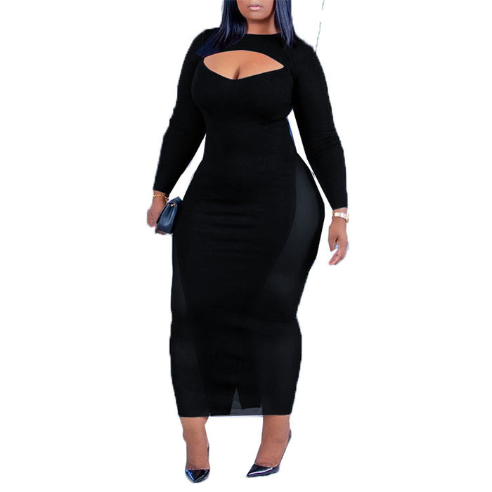 Color-Plus Size Women Autumn Black Mid-Length One-Step Dress Office Solid Color Voile Dress-Fancey Boutique