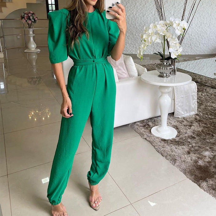 Color-Emerald Green-Spring Women Crew Neck Half Sleeve Solid Color Skinny Jumpsuit-Fancey Boutique