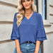 Color-Haze Blue-Spring Summer Solid Color Loose V neck Ruffle Top Women Clothing-Fancey Boutique