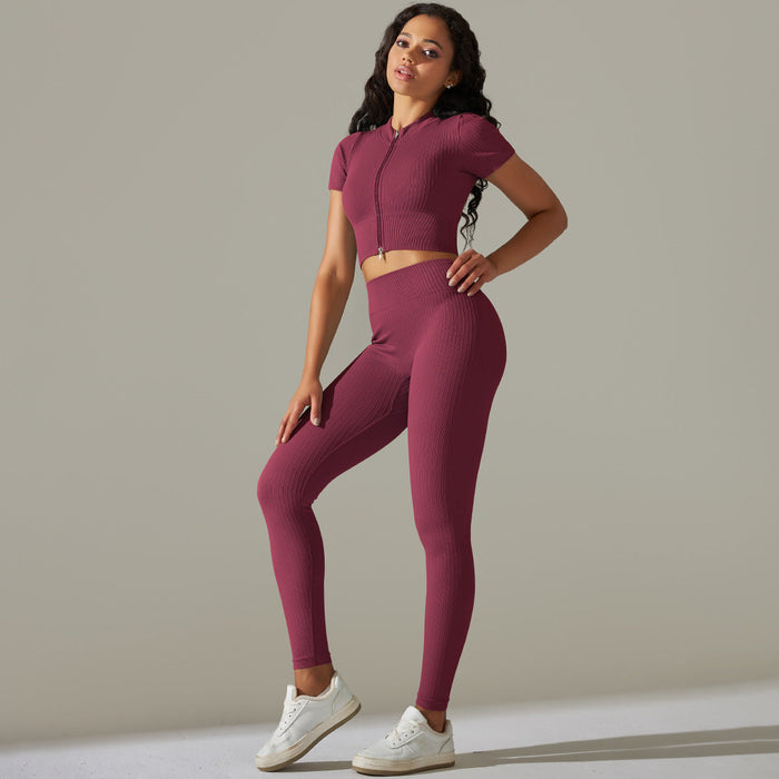 Color-Wine Red-Women Seamless Knitted Peach Hip High Waist Yoga Clothes Running Fitness Yoga Sports Sets-Fancey Boutique